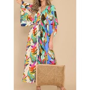 Palms Away Tropical Maxi Dress Oversize Dolman Sleeves Sz S CRUISE VACATION Beac